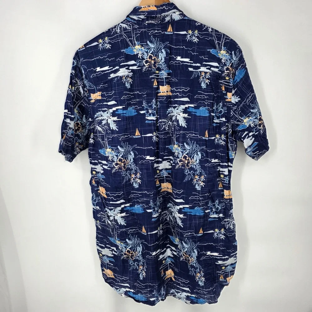 IZOD Saltwater‎ Tropical Scenic Button Down Shirt Mens XLT Blue Short Sleeve